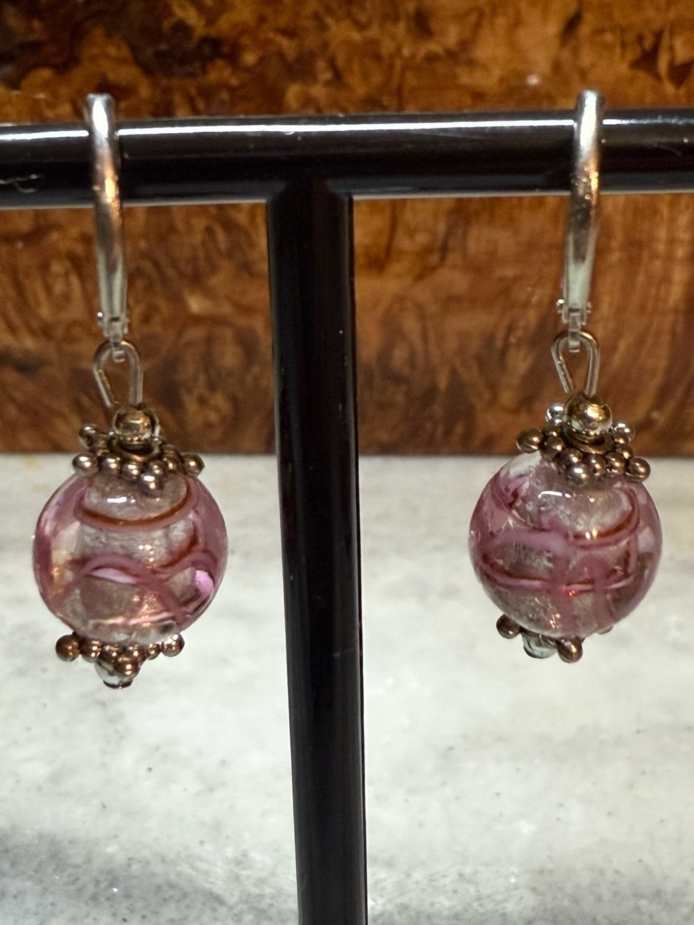 Murano Pink Glass Bead Drop Earrings with Silver Accents - Picture 2 of 4